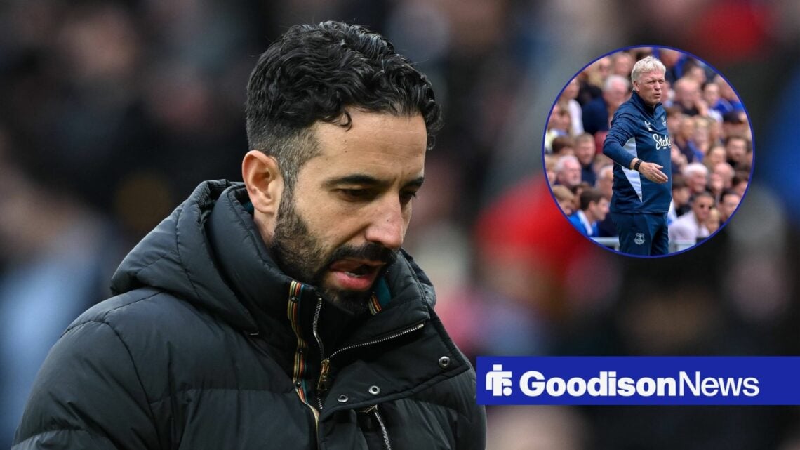 Man United boss Ruben Amorim with Everton's David Moyes inset