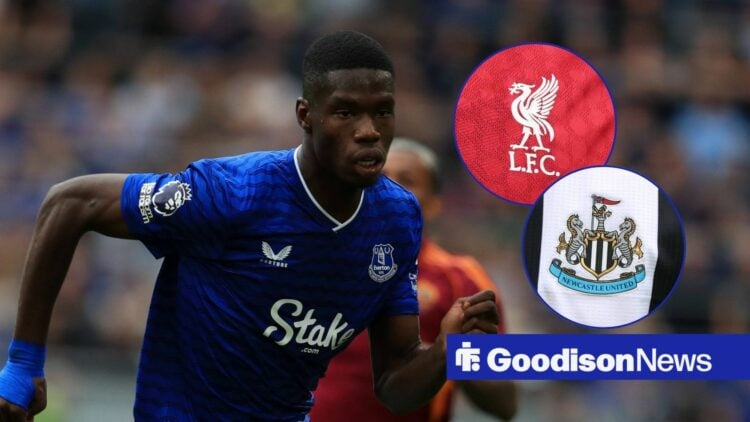 Thierno Barry playing for Everton with Liverpool and Newcastle badges in round overlays