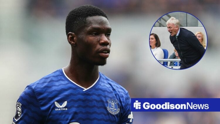 Thierno Barry looks on in an Everton shirt and David Moyes screams in a circular overlay