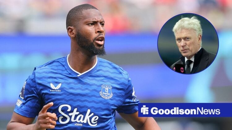 Beto in action during a game for Everton, as manager David Moyes is interviewed in a circular inset.