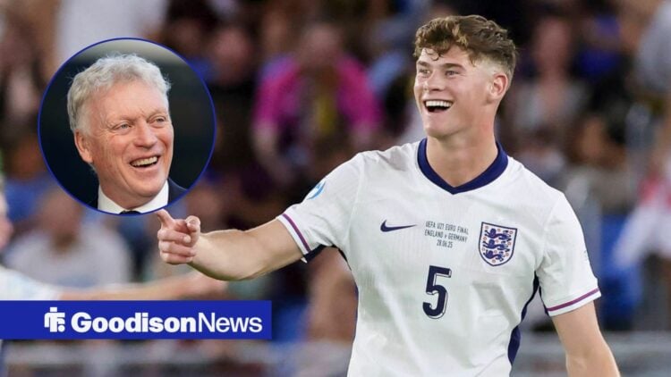 England U21 star Charlie Cresswell smiles and points towards a circular inset, where Everton manager David Moyes grins back at him.