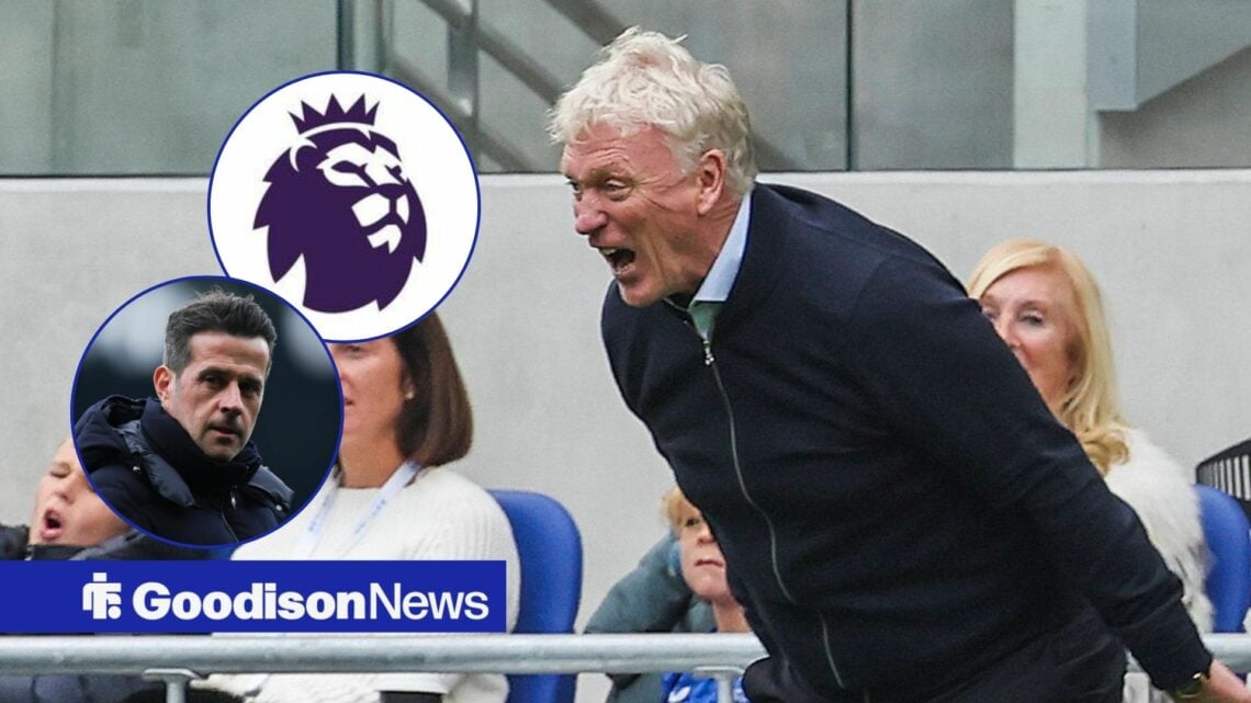 Everton boss David Moyes looking angry, Premier League badge and Marco Silva in inset.