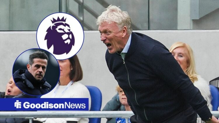 Everton boss David Moyes looking angry, Premier League badge and Marco Silva in inset.