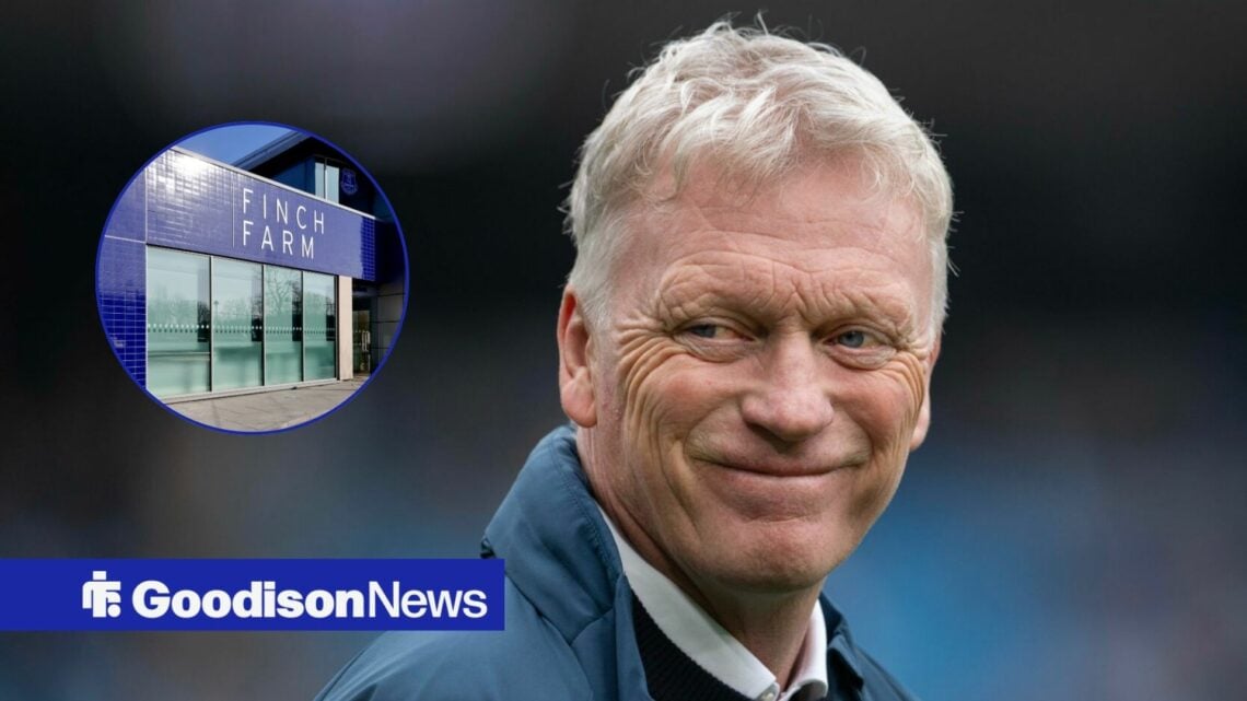 Everton manager David Moyes smiling, Finch Farm in inset.