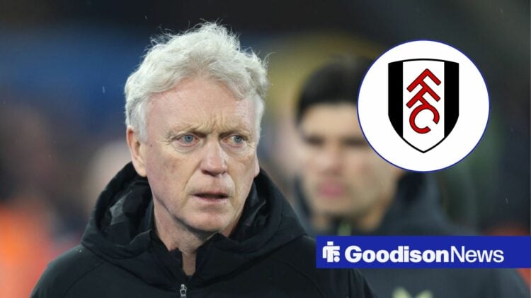 Everton boss David Moyes looking fuming, Fulham badge in inset.