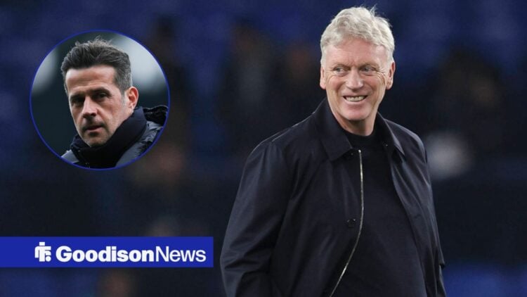 Everton manager David Moyes grins across at Fulham boss Marco Silva, who features in a circular inset.