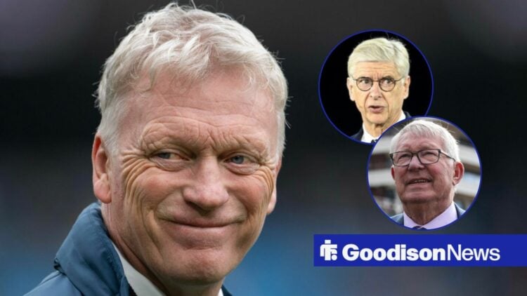 Everton boss David Moyes looking happy, Sir Alex Ferguson and Arsene Wenger in inset.