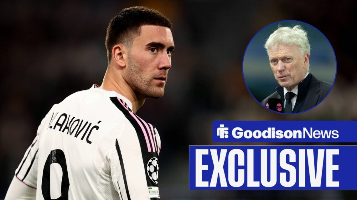 Goodison News exclusive as Juventus striker Dusan Vlahovic glances back towards a circular inset, where Everton manager David Moyes is being interv...