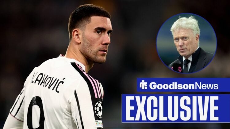 Goodison News exclusive as Juventus striker Dusan Vlahovic glances back towards a circular inset, where Everton manager David Moyes is being interv...