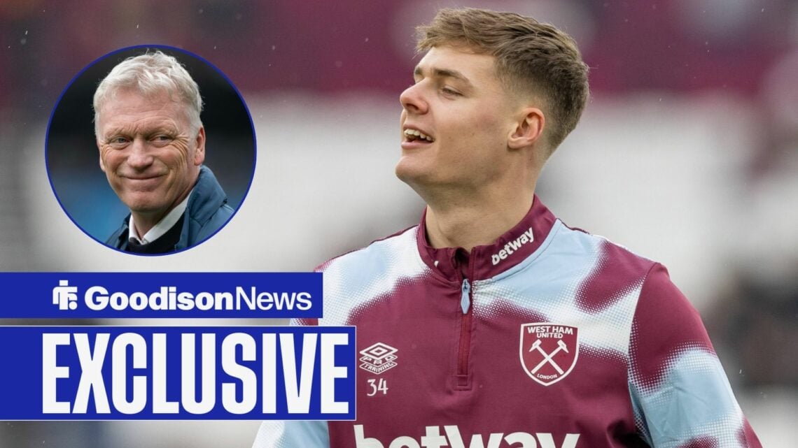 Goodison News exclusive as ex-West Ham loanee Evan Ferguson warms up for a game, while Everton manager David Moyes grins in a circular inset.