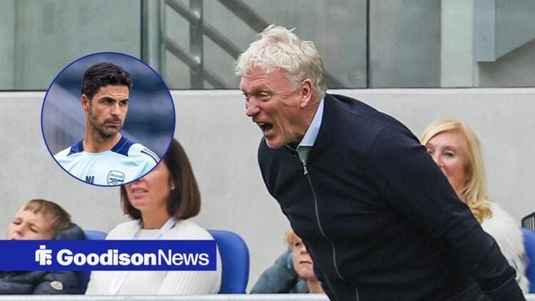 Everton boss David Moyes angry, Mikel Arteta in inset.