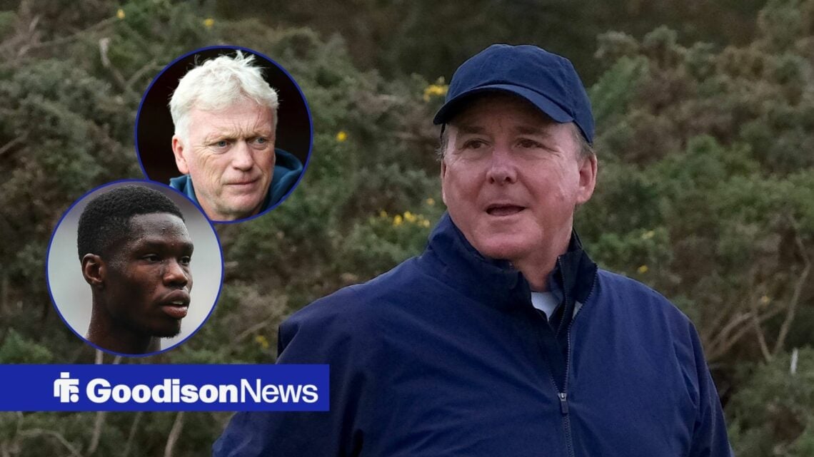 Everton chief Dan Friedkin with David Moyes and Thierno Barry in circular insets