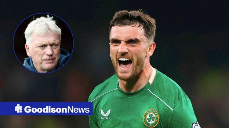 Republic of Ireland international Troy Parrott and Everton manager David Moyes in circular inset