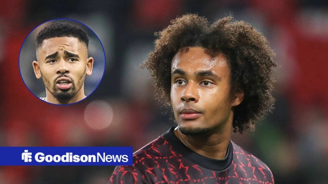 Everton-linked Manchester United forward Joshua Zirkzee and Arsenal striker Gabriel Jesus in circular inset
