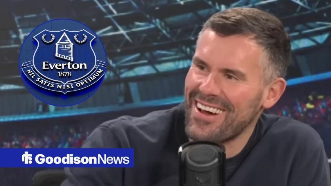 Ben Foster smiles at Everton badge in circular inset