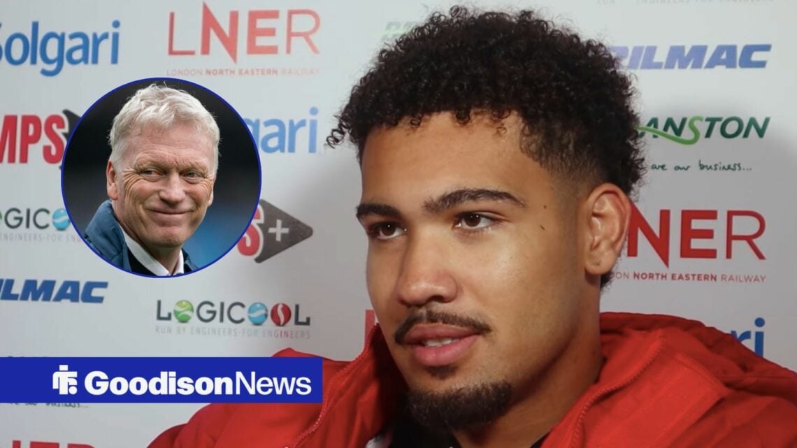 Everton youngster Francis Okoronkwo, David Moyes smiling in inset.