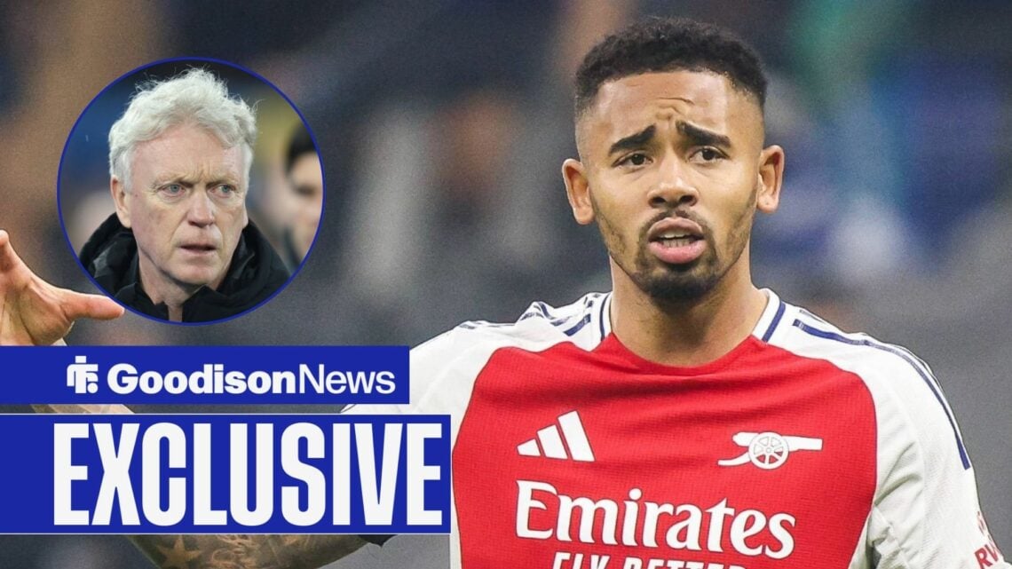 Goodison News exclusive as Gabriel Jesus is in action for Arsenal, as Everton manager David Moyes watches on from a circular inset.