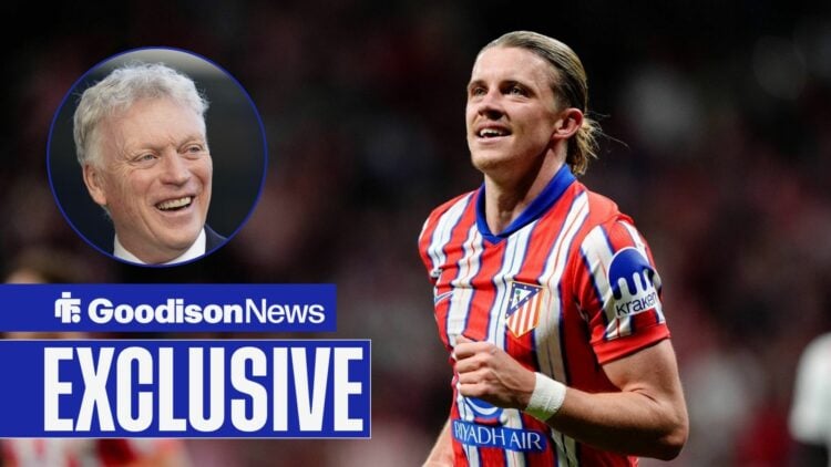 Conor Gallagher playing for Atletico Madrid and David Moyes smiling in a round overlay