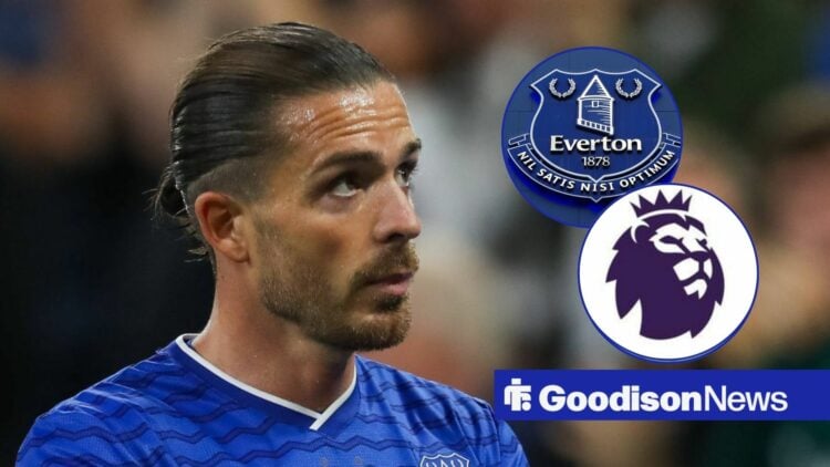 Jack Grealish looking at Everton and Premier League badges in circular inset