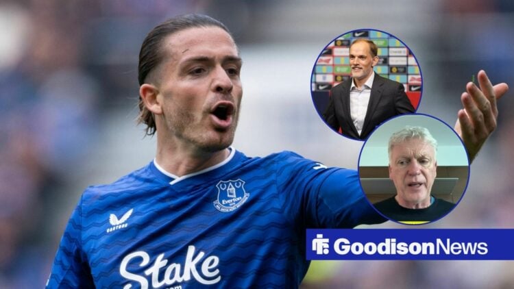 Jack Grealish shouts and holds his hand out with Thomas Tuchel and David Moyes in round overlays