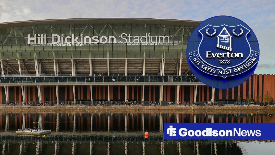 Hill Dickinson Stadium and Everton badge in circular inset