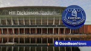 Hill Dickinson Stadium and Everton badge in circular inset