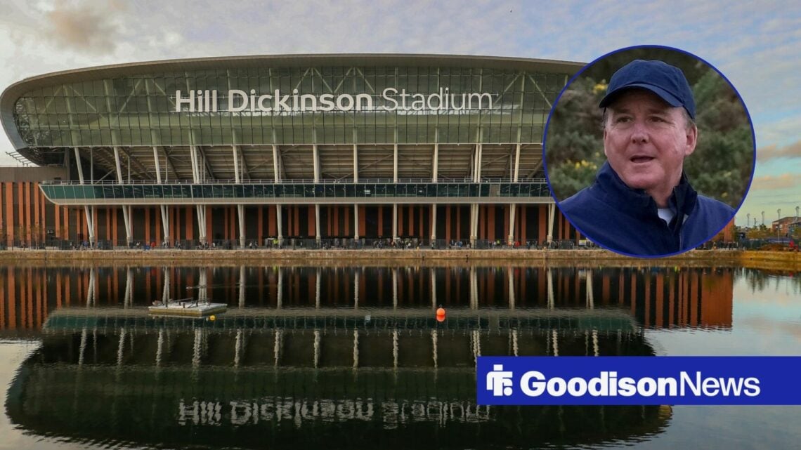 An exterior shot of the Hill Dickinson Stadium, as Everton owner Dan Friedkin smiles in a circular inset.