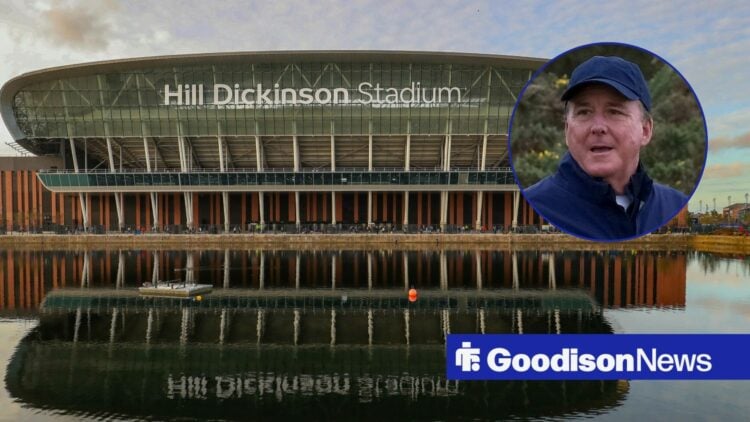 An exterior shot of the Hill Dickinson Stadium, as Everton owner Dan Friedkin smiles in a circular inset.