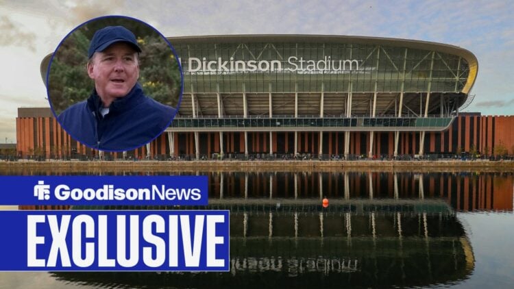 Everton's Hill Dickinson Stadium and Dan Friedkin in inset.