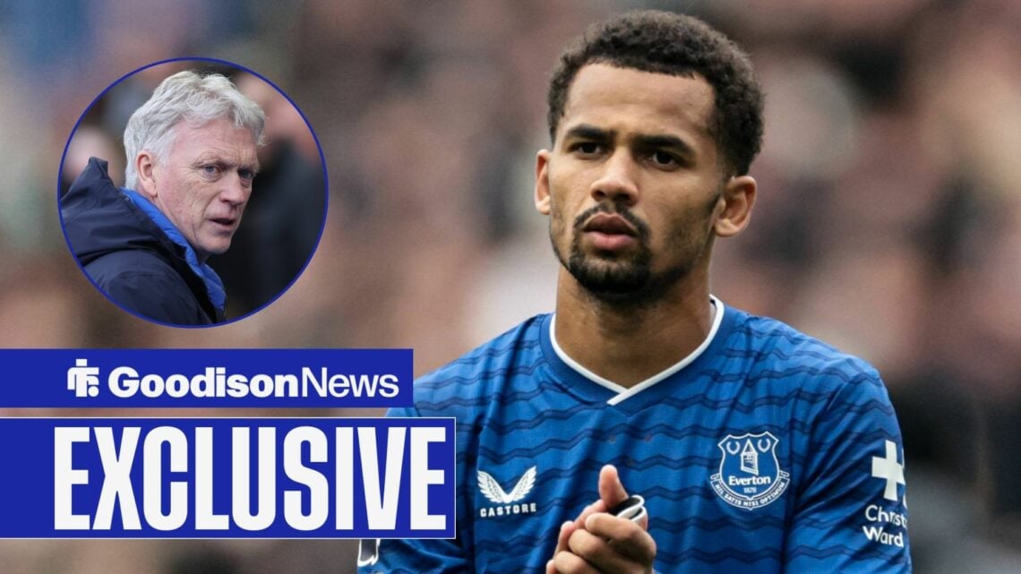 Goodison News exclusive as Iliman Ndiaye applauds after a game for Everton, as David Moyes watches on from a circular inset.