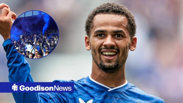 Iliman Ndiaye grins while raising his arm during a game for Everton, as the fans celebrate in a circular inset.