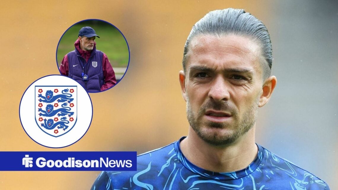 Everton star Jack Grealish looking confused, England badge and Thomas Tuchel in inset.