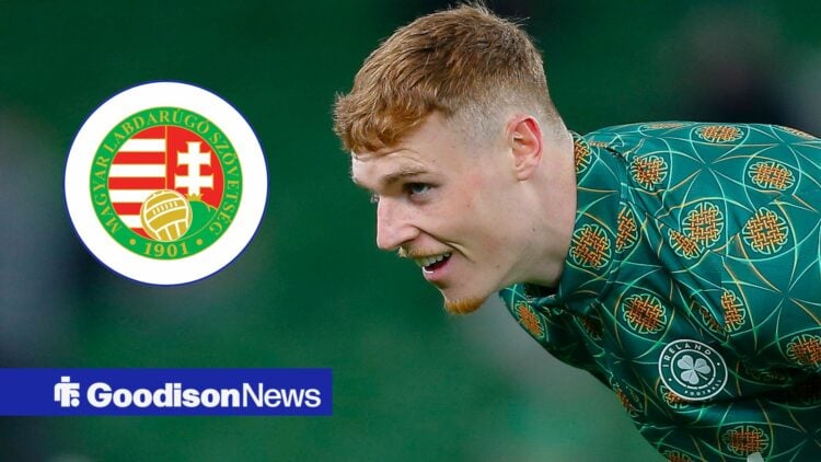 Everton star Jake O'Brien in Ireland gear, Hungary FA badge in inset.