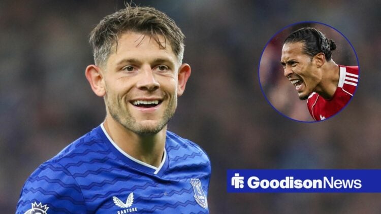 Everton defender James Tarkowski grins towards a circular inset, where Liverpool captain Virgil van Dijk screams with rage.