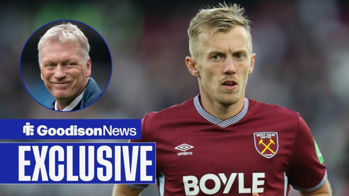 Goodison News exclusive as James Ward-Prowse is in action for West Ham, while Everton manager David Moyes grins in a circular inset.