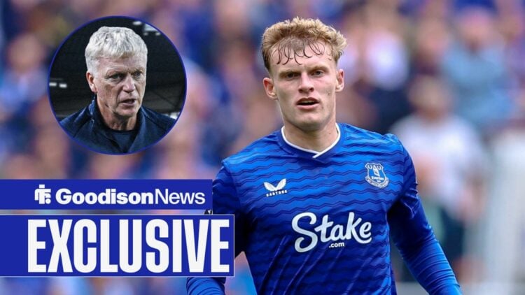 Everton star Jarrad Branthwaite in action, David Moyes looking furious in inset.