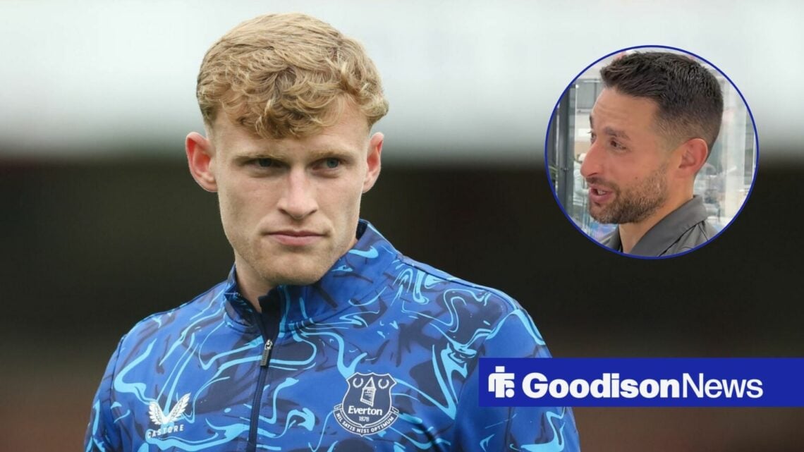 Everton star Jarrad Branthwaite stares towards a circular inset while warming up for a game, where journalist David Ornstein glances back at him.