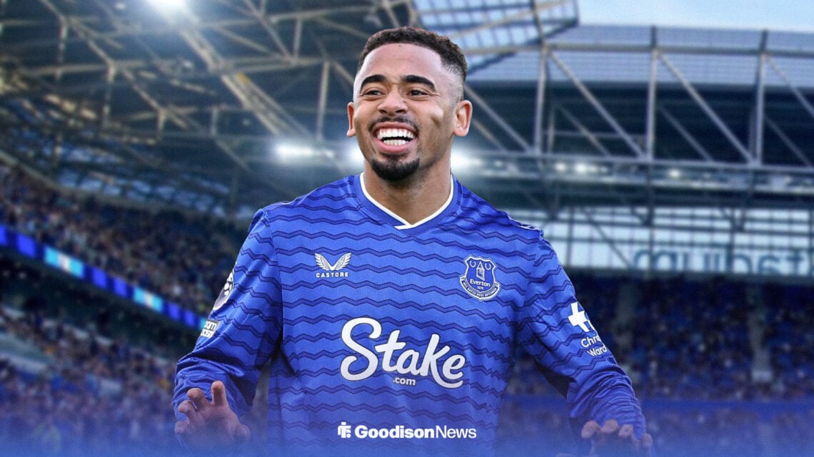 Gabriel Jesus in an Everton shirt at the Hill Dickinson Stadium