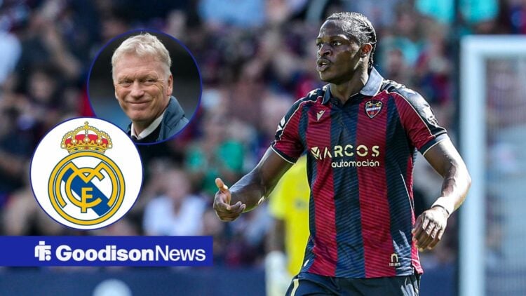 Levante striker Karl Etta Eyong in action during a game, as Everton manager David Moyes and the Real Madrid badge feature in circular insets.