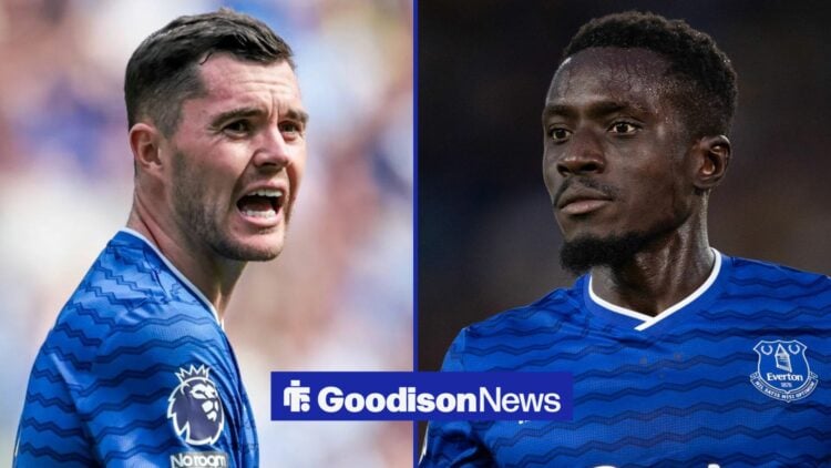 Micheal Keane and Idrissa Gueye in Everton shirts in split screen