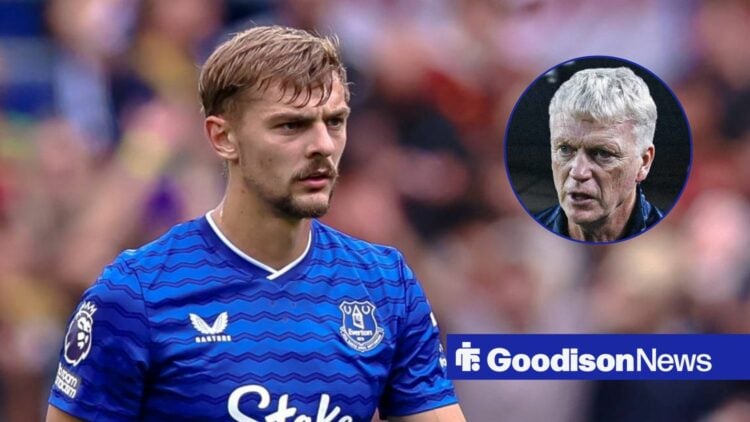 Everton star Kiernan Dewsbury-Hall and David Moyes looking angry.