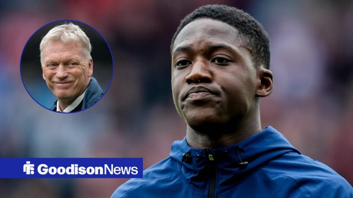 A close-up image of Manchester United star Kobbie Mainoo, as Everton manager David Moyes grins in a circular inset.