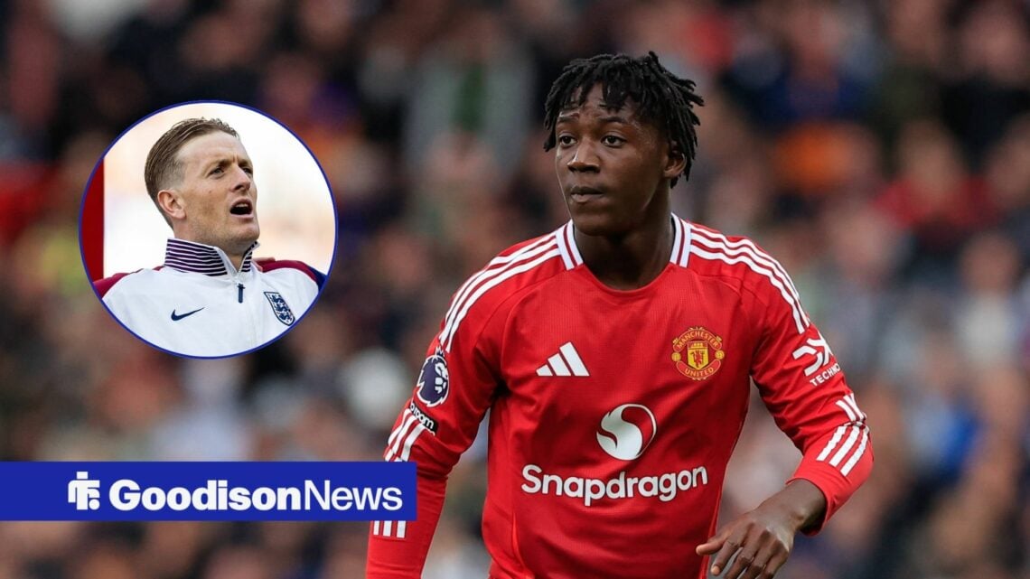 Manchester United star Kobbie Mainoo in action, Everton ace Jordan Pickford in inset.