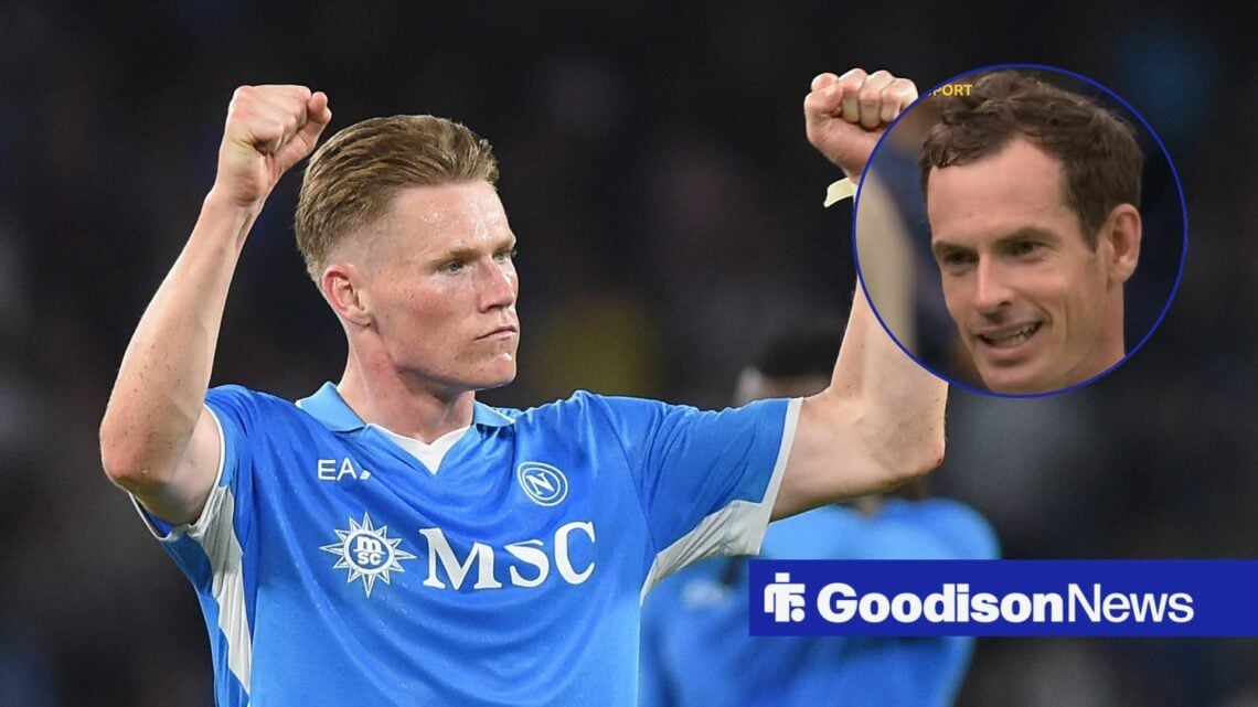 Scott McTominay celebrates in Napoli shirt and Andy Murray smiles in a round overlay