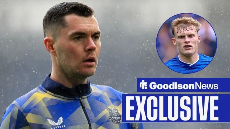 Goodison News exclusive as Michael Keane warms up in the rain for Everton, while Jarrad Branthwaite features in a circular inset.