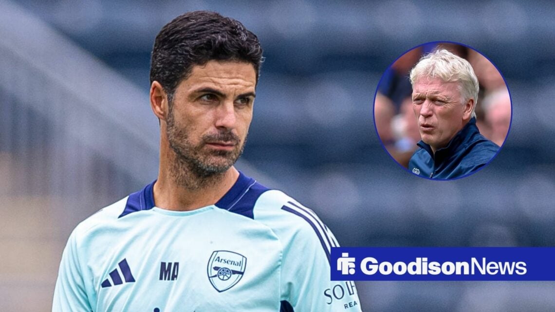 Arsenal boss Mikel Arteta, Everton boss David Moyes in inset.