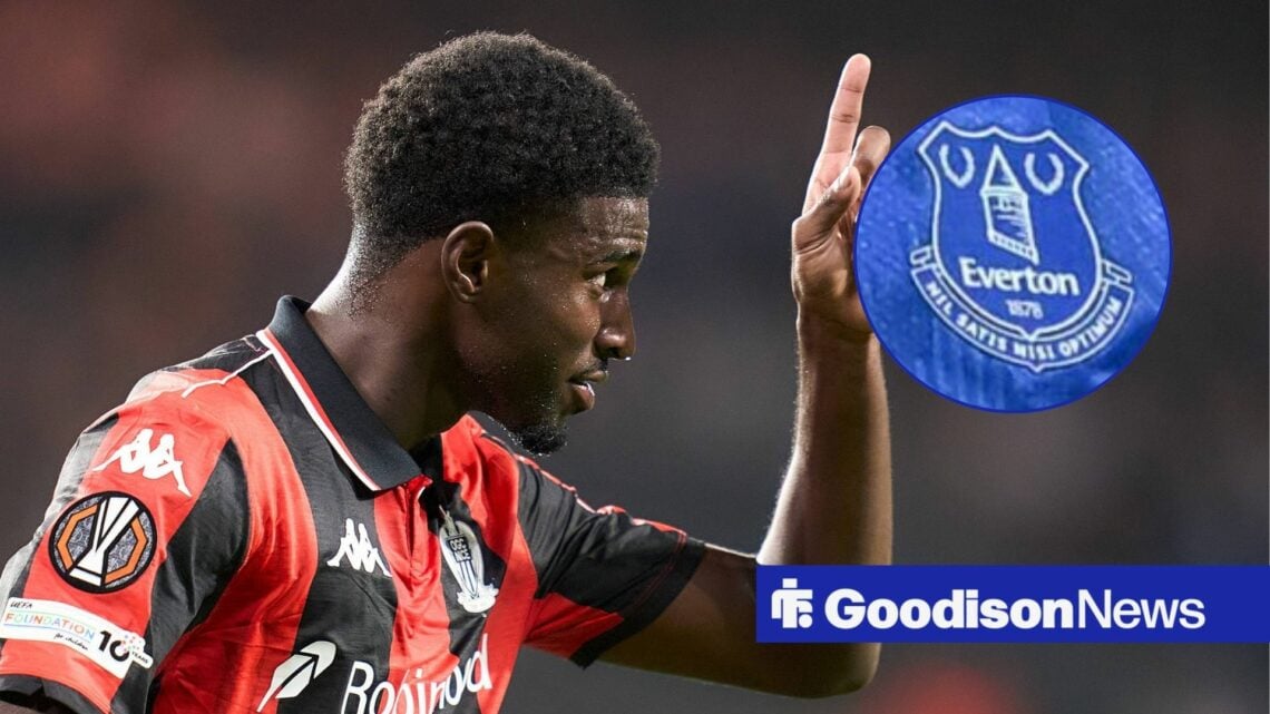 Mohamed Ali-Cho celebrates, Everton badge in inset.