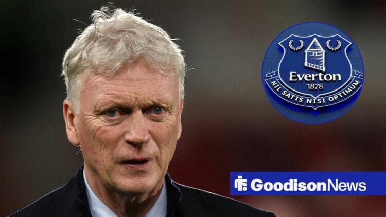 David Moyes looking straight ahead and Everton badge in circular inset