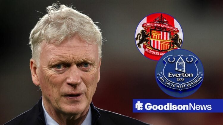 David Moyes looking concerned, Sunderland and Everton badges in circular insets