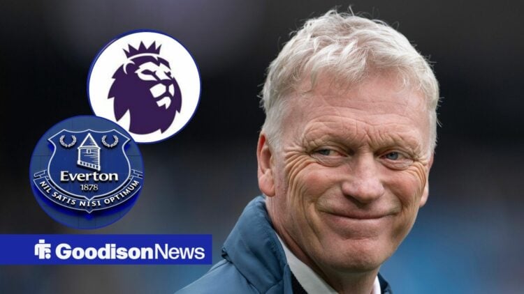 David Moyes smiling at Premier League and Everton badges in circular insets